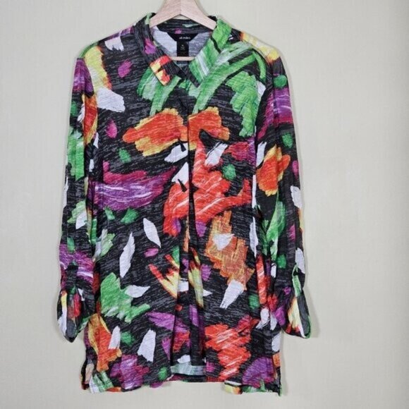 Ali Miles Tunic Womens XL Multicolor Floral LS Roll Up Tab Boho Crinkle Buttons - Picture 14 of 16